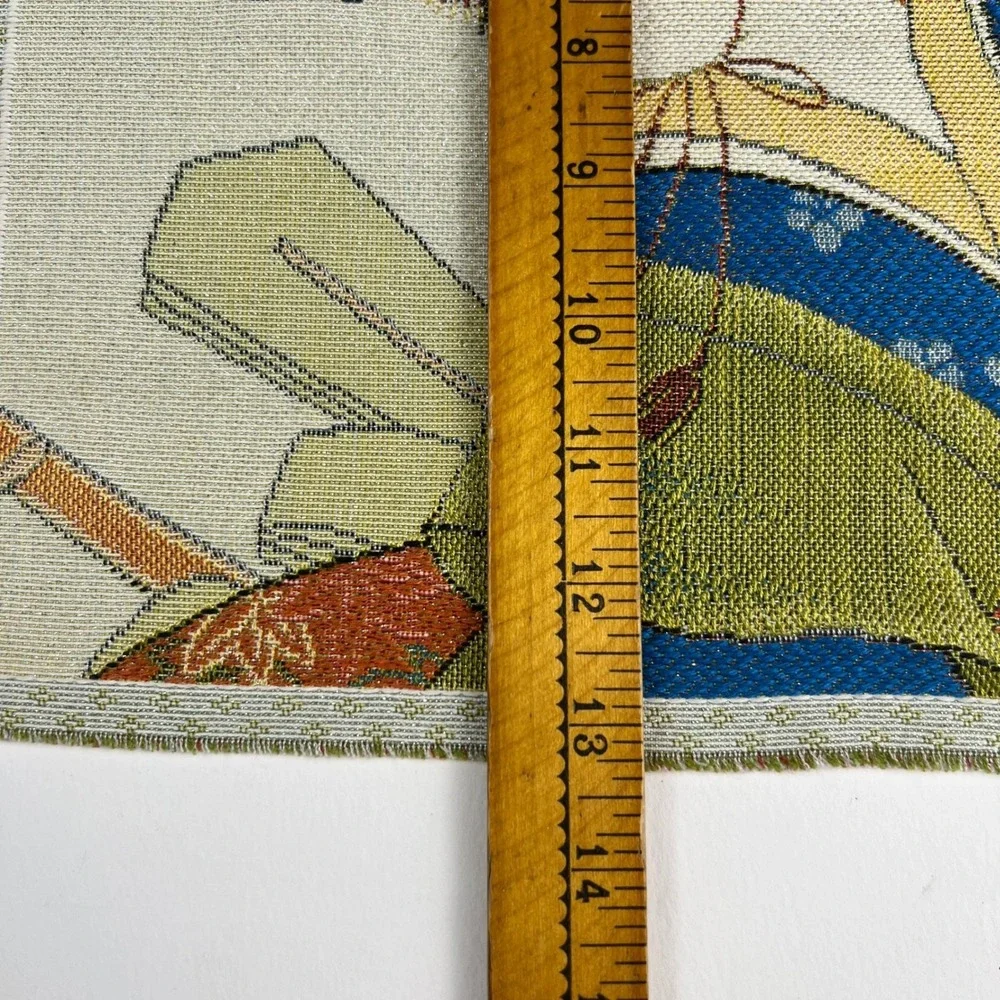 VTG Japanese Bijin-ga Geisha Woven Silk Tapestry Art Green Blue 13x12 Anime